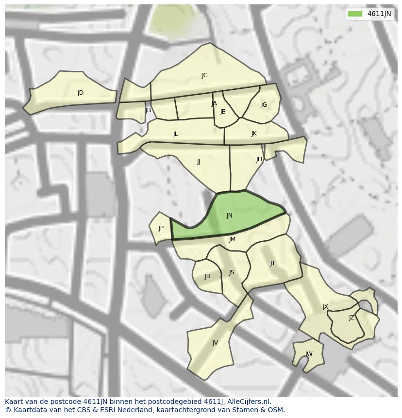 Afbeelding van het postcodegebied 4611 JN op de kaart.