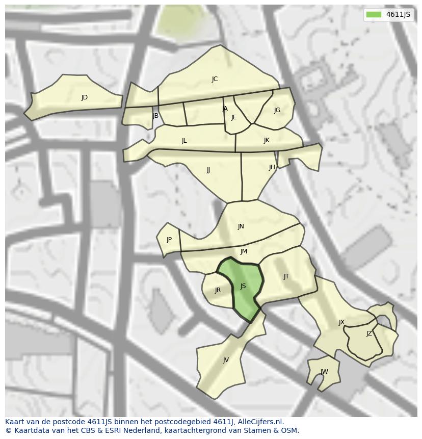 Afbeelding van het postcodegebied 4611 JS op de kaart.