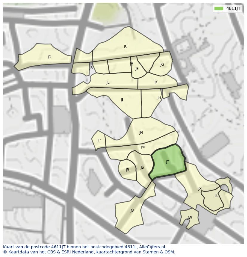 Afbeelding van het postcodegebied 4611 JT op de kaart.