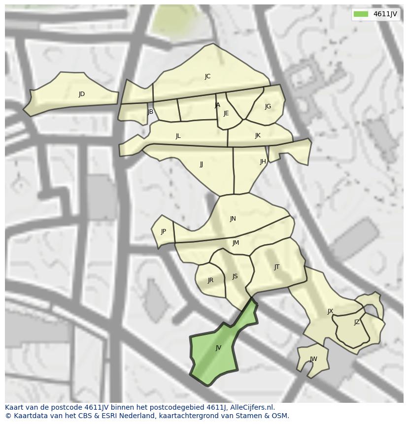 Afbeelding van het postcodegebied 4611 JV op de kaart.