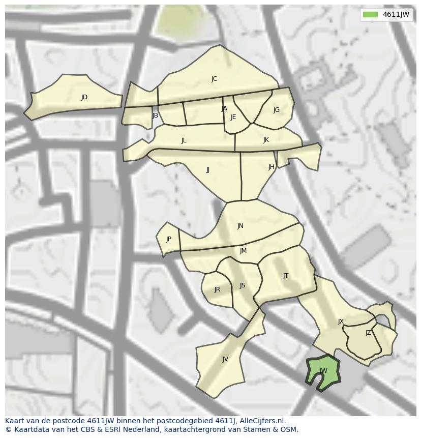 Afbeelding van het postcodegebied 4611 JW op de kaart.