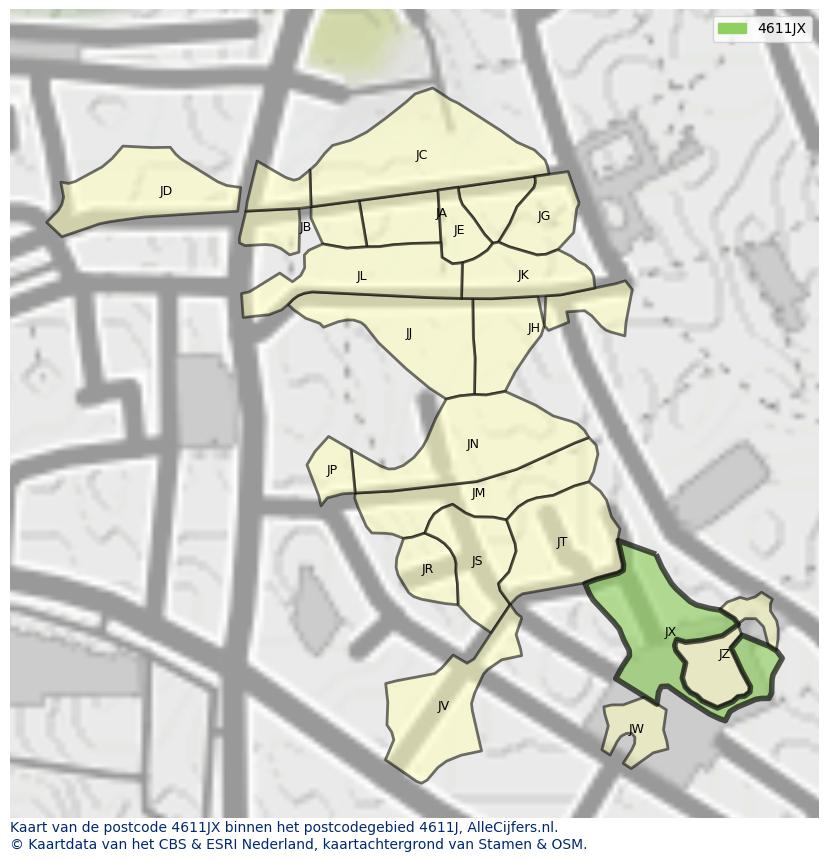Afbeelding van het postcodegebied 4611 JX op de kaart.