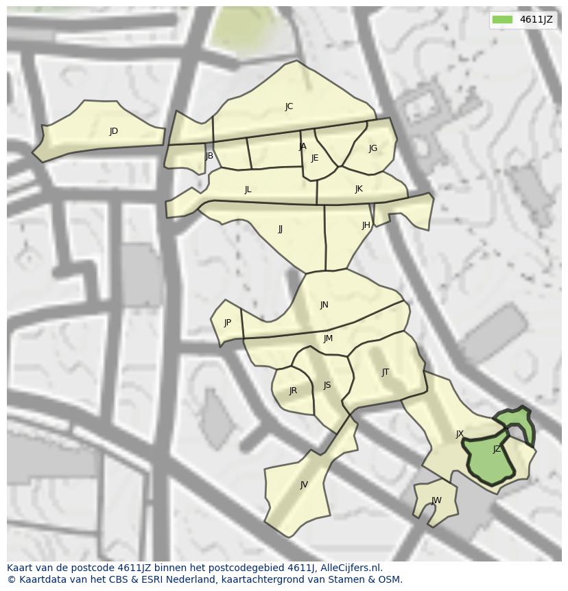 Afbeelding van het postcodegebied 4611 JZ op de kaart.