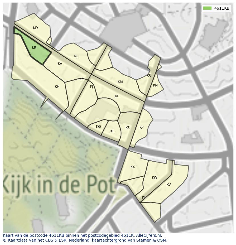 Afbeelding van het postcodegebied 4611 KB op de kaart.