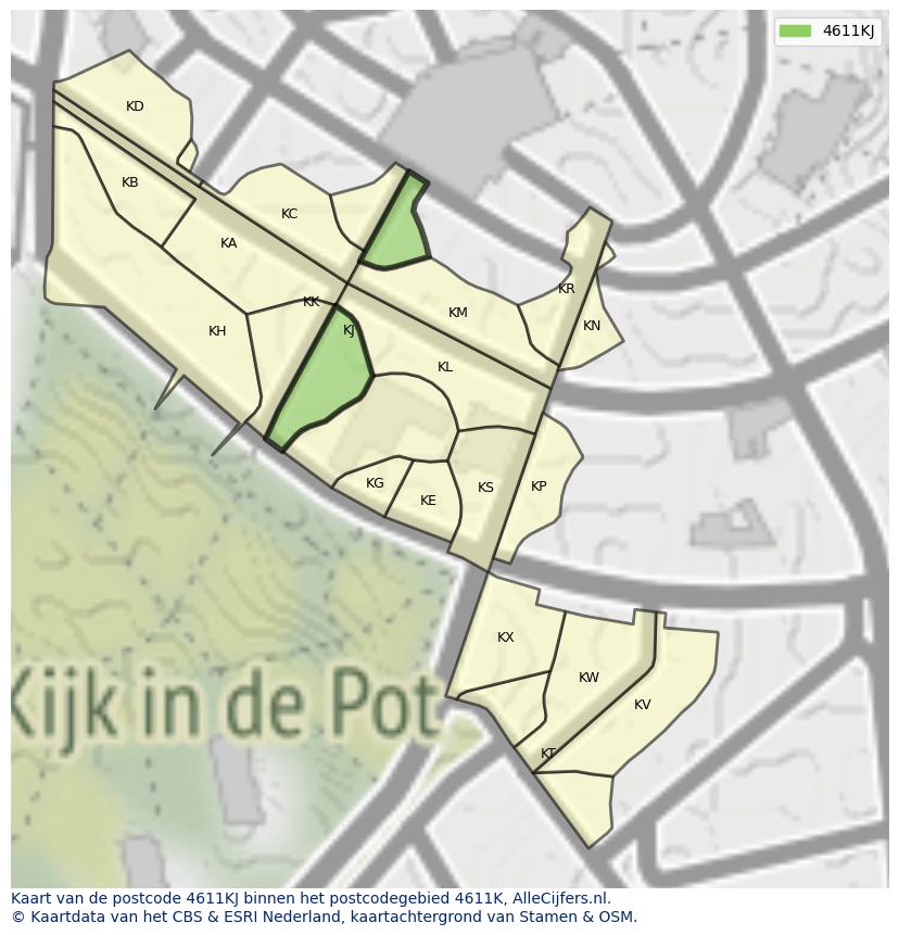 Afbeelding van het postcodegebied 4611 KJ op de kaart.