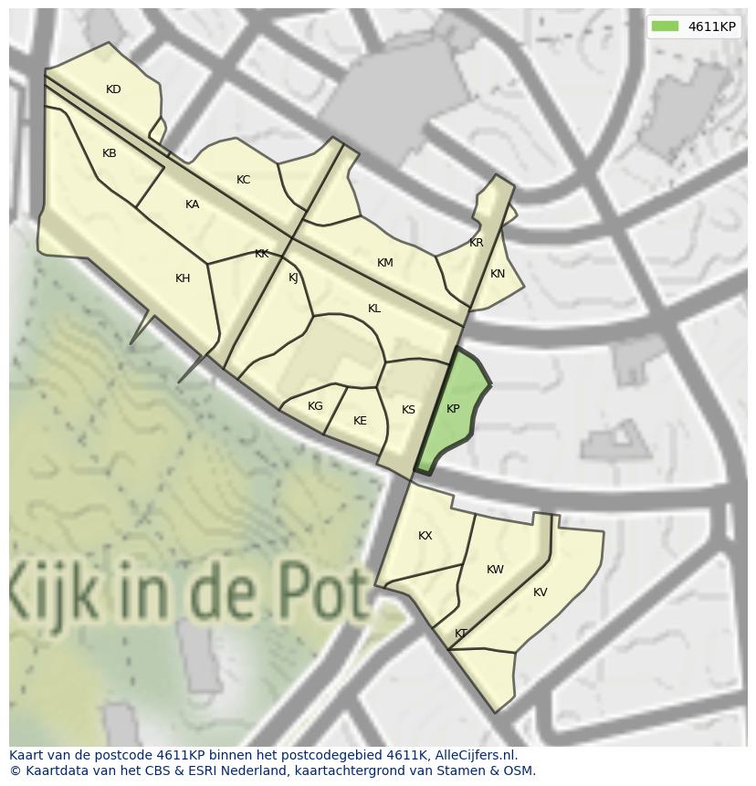 Afbeelding van het postcodegebied 4611 KP op de kaart.
