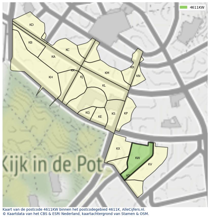 Afbeelding van het postcodegebied 4611 KW op de kaart.