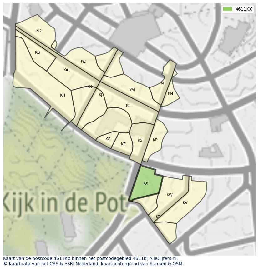 Afbeelding van het postcodegebied 4611 KX op de kaart.