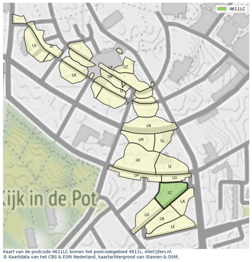 Afbeelding van het postcodegebied 4611 LC op de kaart.