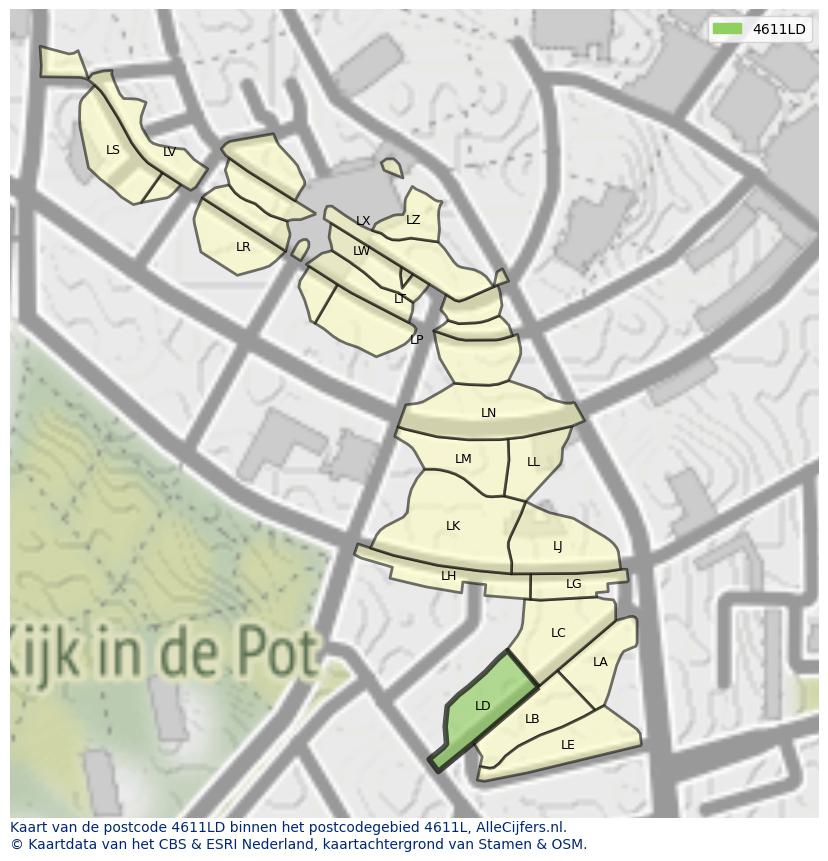 Afbeelding van het postcodegebied 4611 LD op de kaart.
