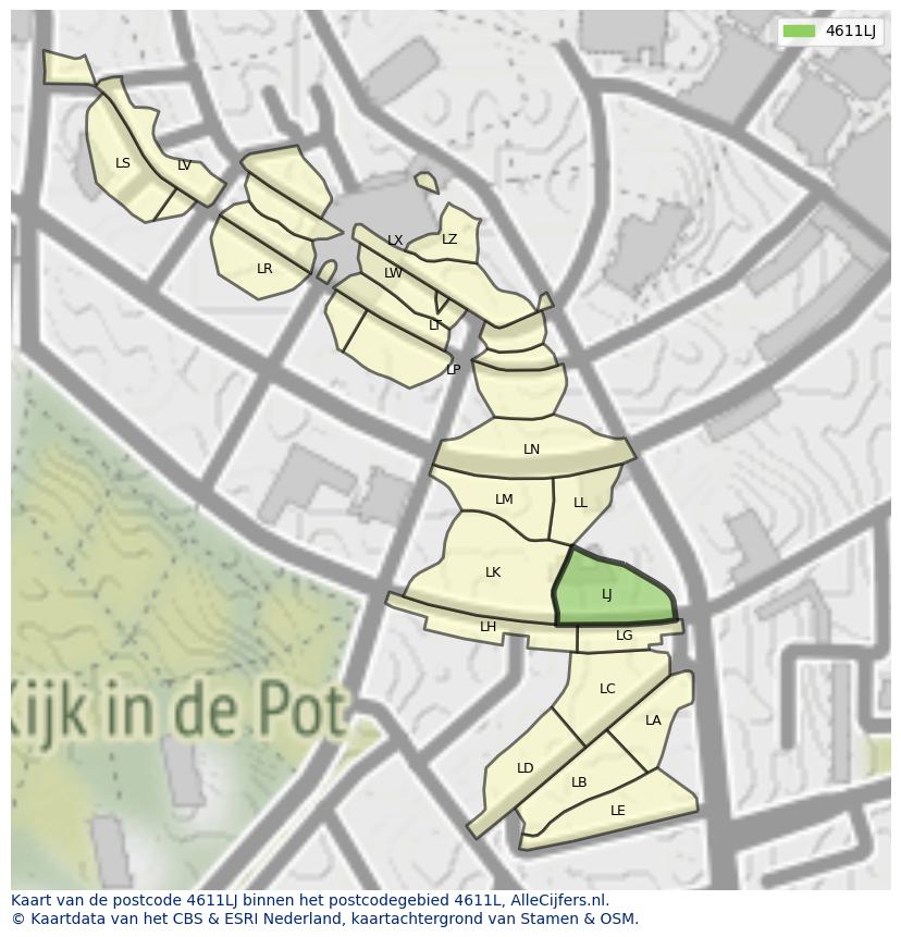 Afbeelding van het postcodegebied 4611 LJ op de kaart.