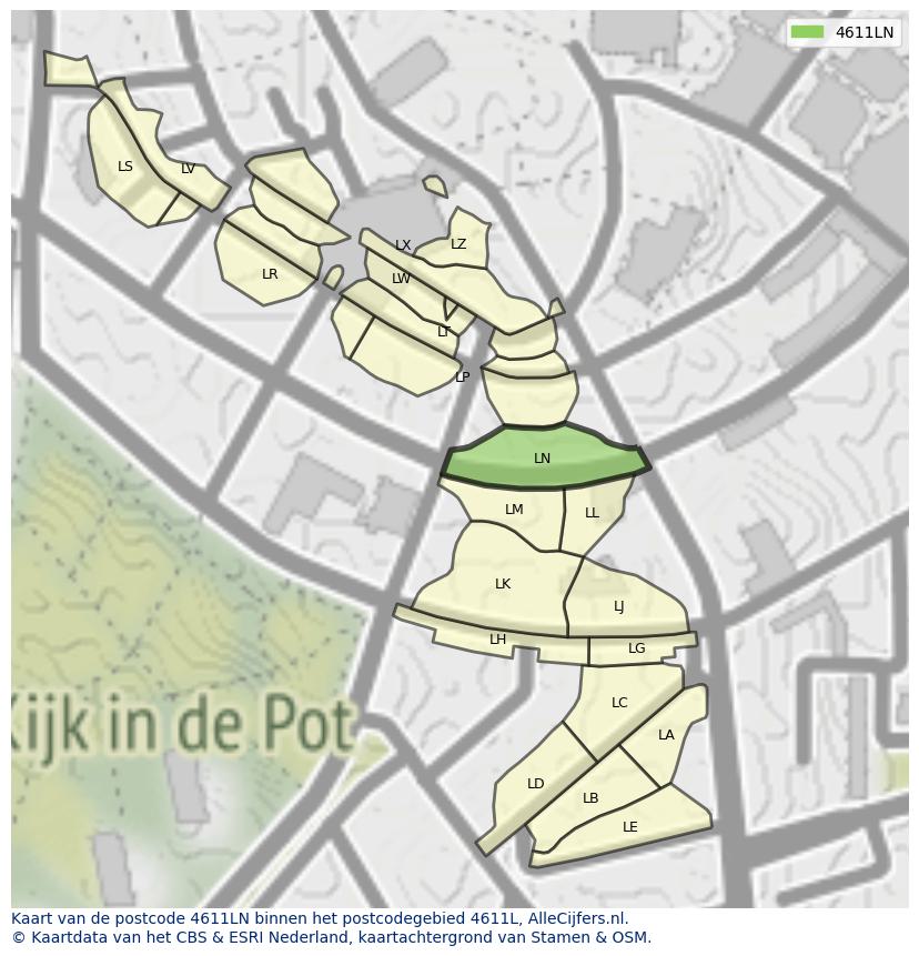 Afbeelding van het postcodegebied 4611 LN op de kaart.