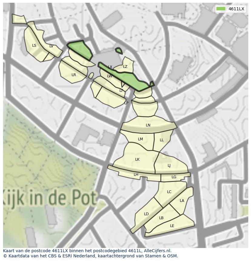 Afbeelding van het postcodegebied 4611 LX op de kaart.