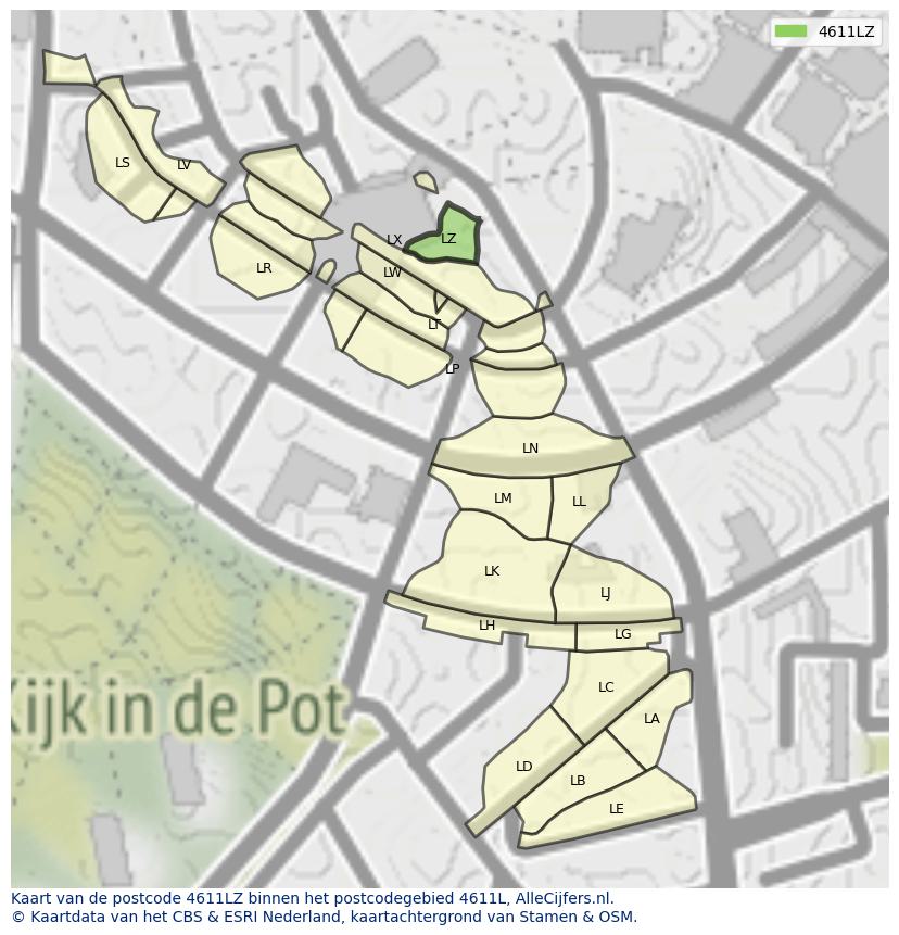 Afbeelding van het postcodegebied 4611 LZ op de kaart.