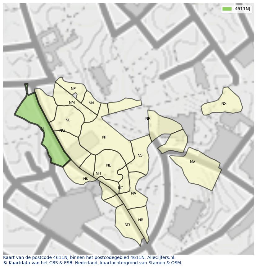 Afbeelding van het postcodegebied 4611 NJ op de kaart.