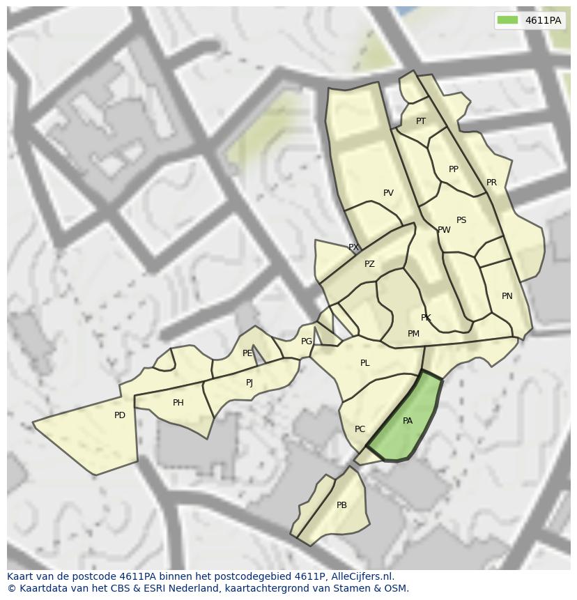 Afbeelding van het postcodegebied 4611 PA op de kaart.