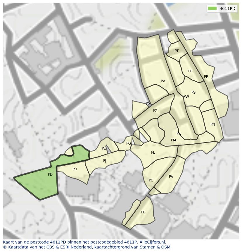 Afbeelding van het postcodegebied 4611 PD op de kaart.