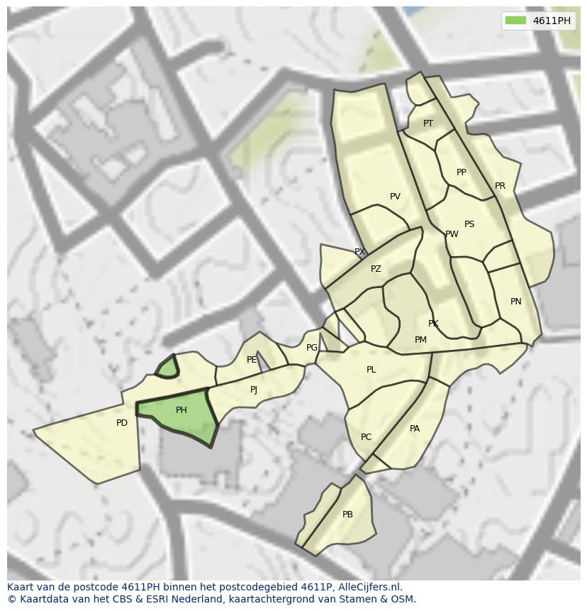 Afbeelding van het postcodegebied 4611 PH op de kaart.