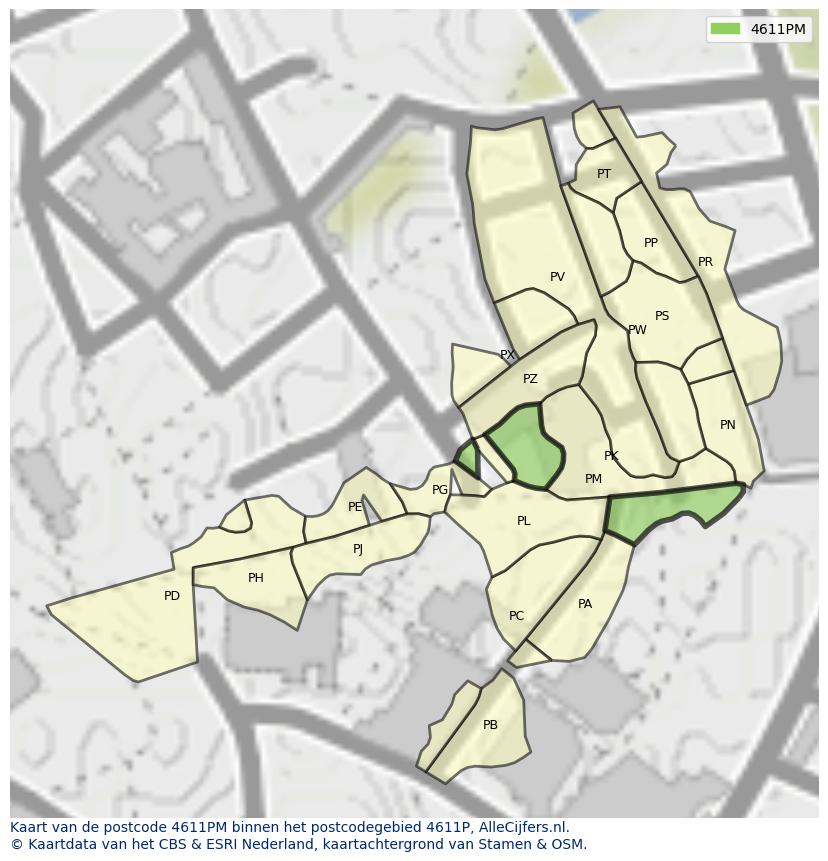 Afbeelding van het postcodegebied 4611 PM op de kaart.
