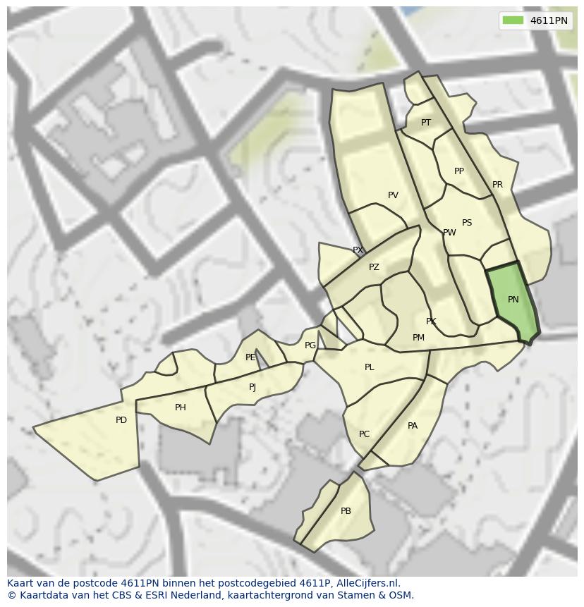 Afbeelding van het postcodegebied 4611 PN op de kaart.