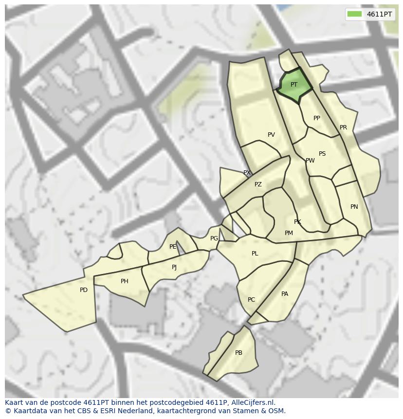 Afbeelding van het postcodegebied 4611 PT op de kaart.