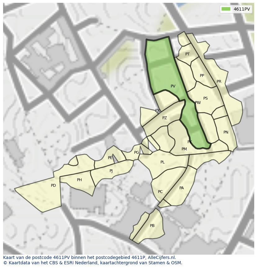 Afbeelding van het postcodegebied 4611 PV op de kaart.