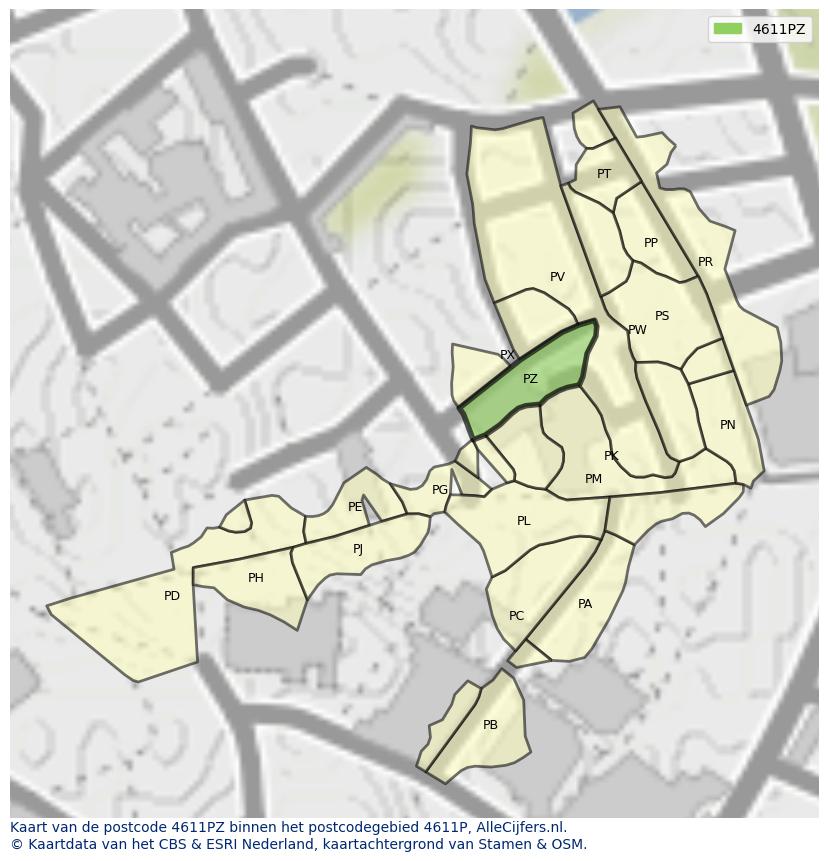 Afbeelding van het postcodegebied 4611 PZ op de kaart.