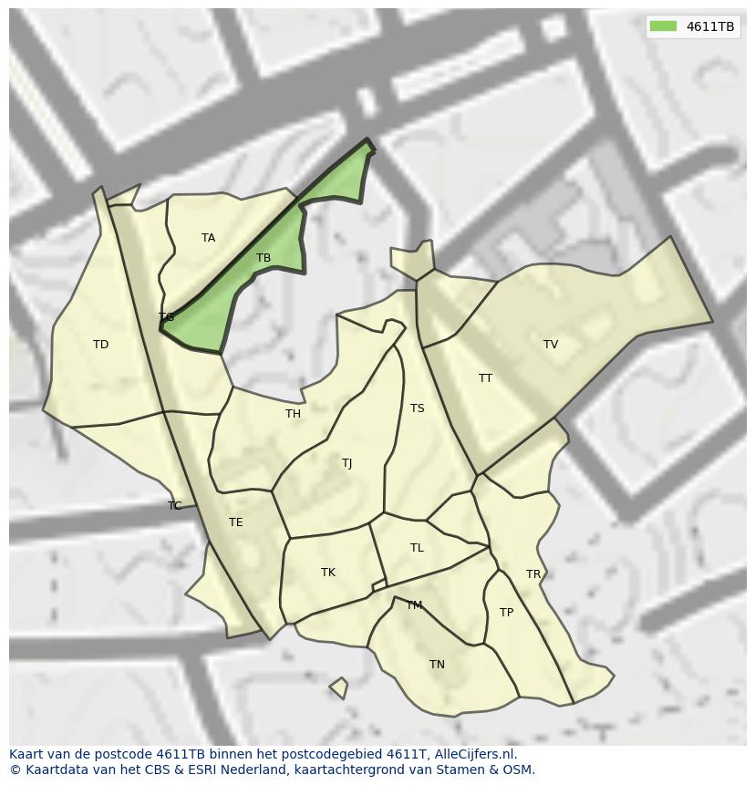 Afbeelding van het postcodegebied 4611 TB op de kaart.