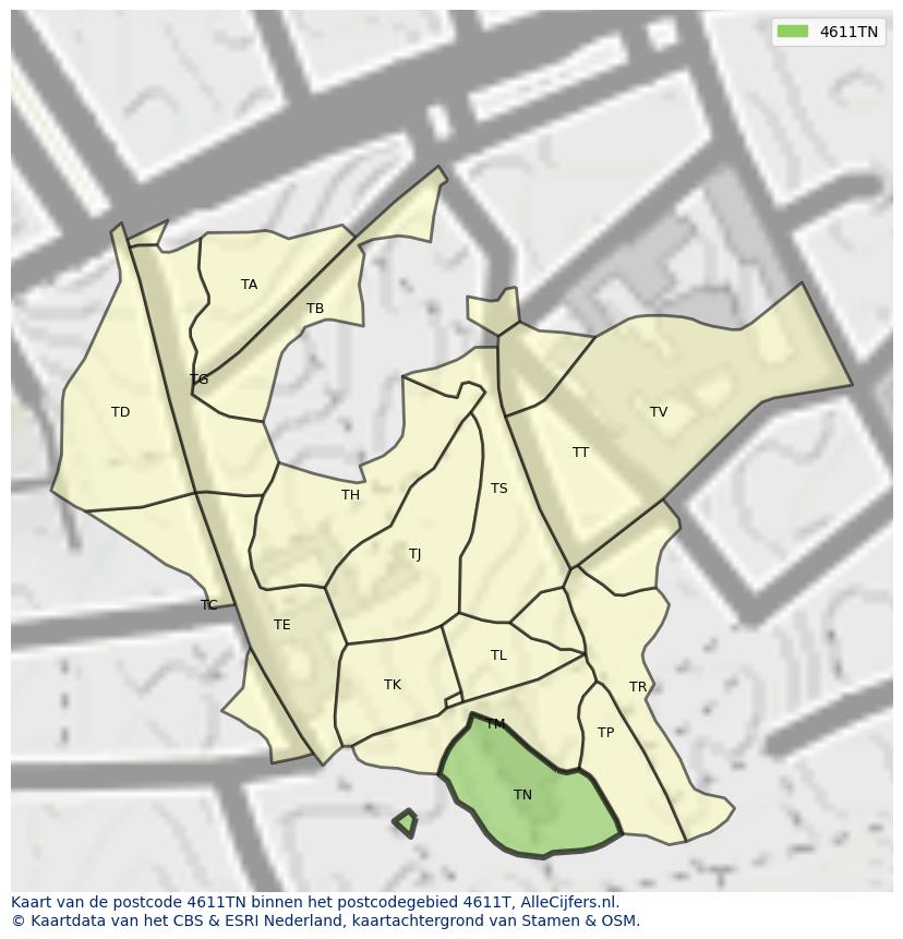 Afbeelding van het postcodegebied 4611 TN op de kaart.