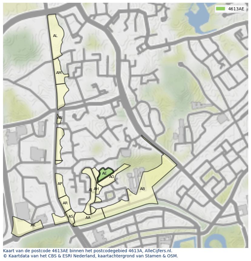 Afbeelding van het postcodegebied 4613 AE op de kaart.