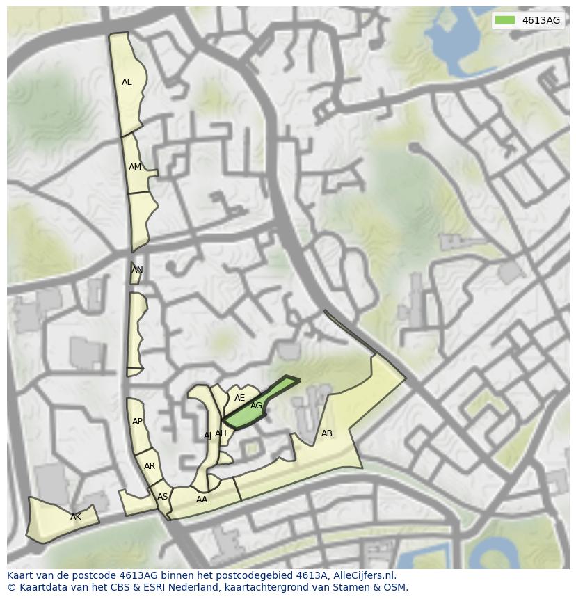 Afbeelding van het postcodegebied 4613 AG op de kaart.