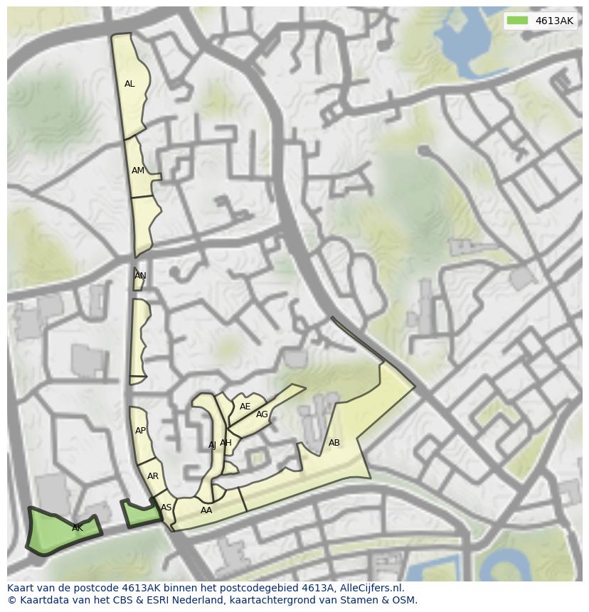 Afbeelding van het postcodegebied 4613 AK op de kaart.