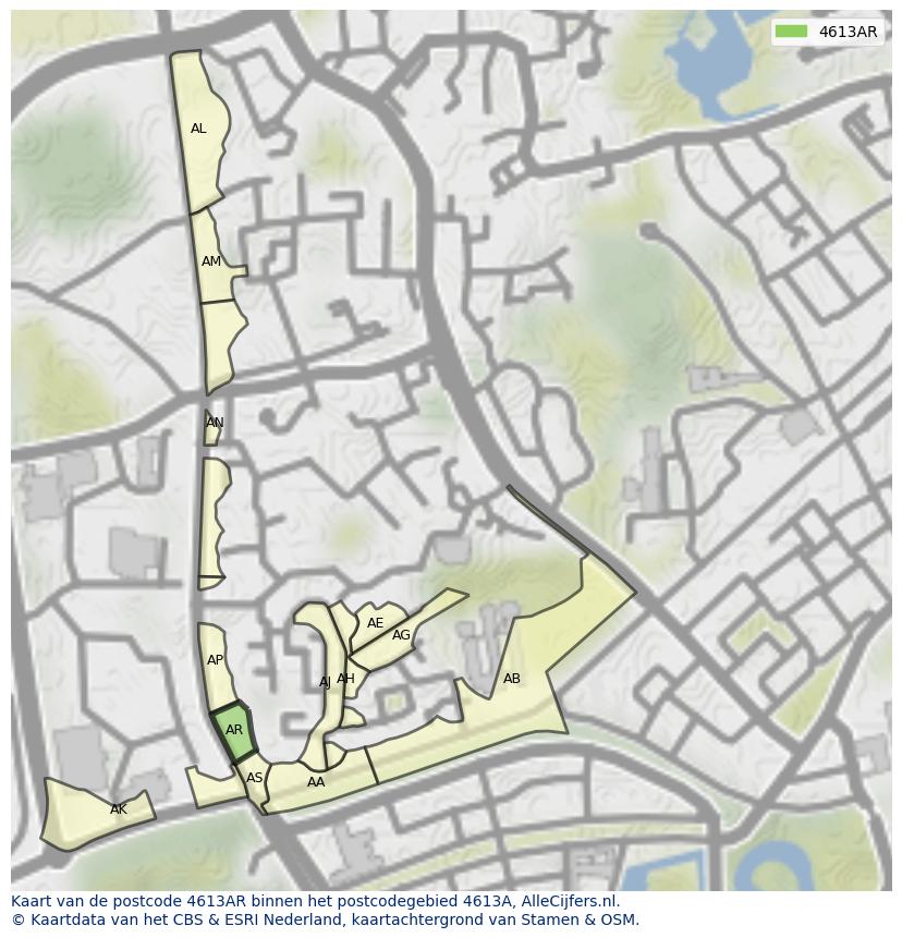 Afbeelding van het postcodegebied 4613 AR op de kaart.