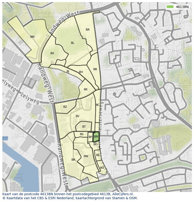 Afbeelding van het postcodegebied 4613 BN op de kaart.