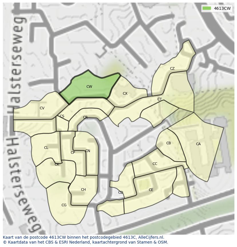 Afbeelding van het postcodegebied 4613 CW op de kaart.