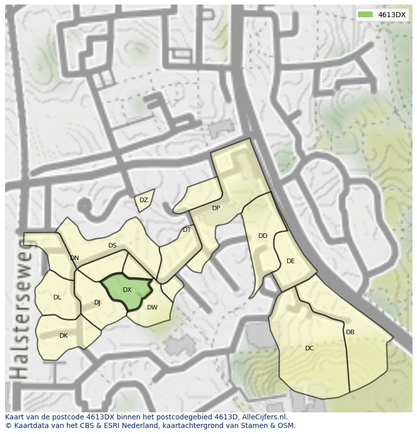 Afbeelding van het postcodegebied 4613 DX op de kaart.