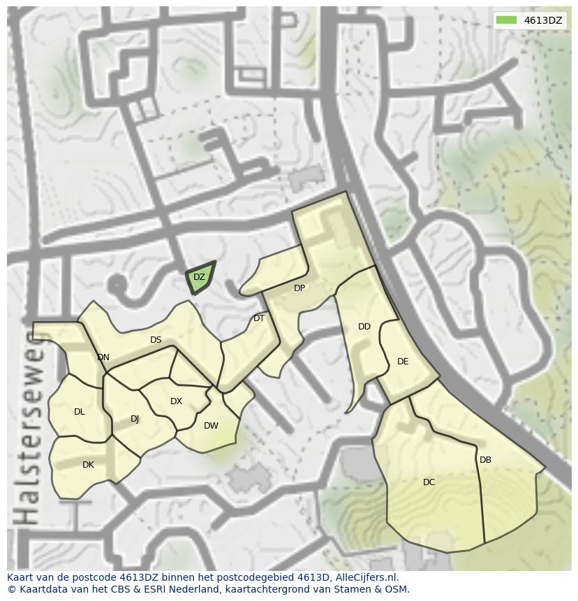 Afbeelding van het postcodegebied 4613 DZ op de kaart.