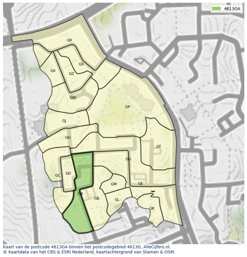 Afbeelding van het postcodegebied 4613 GA op de kaart.