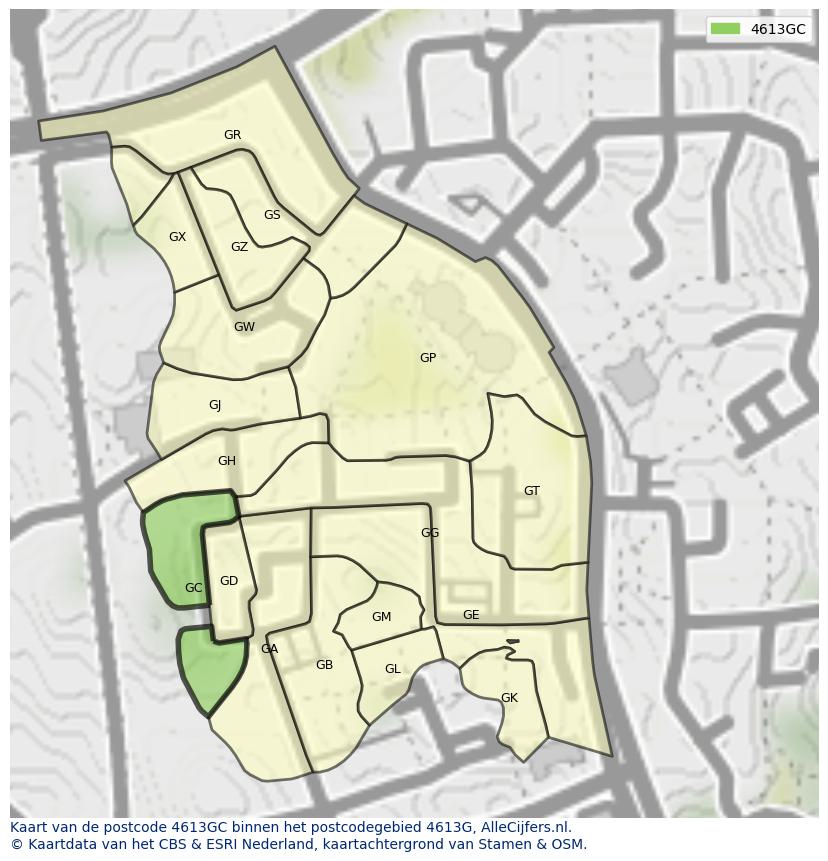 Afbeelding van het postcodegebied 4613 GC op de kaart.