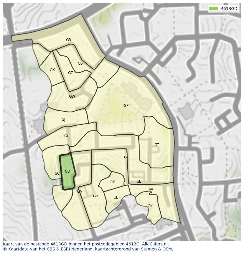 Afbeelding van het postcodegebied 4613 GD op de kaart.