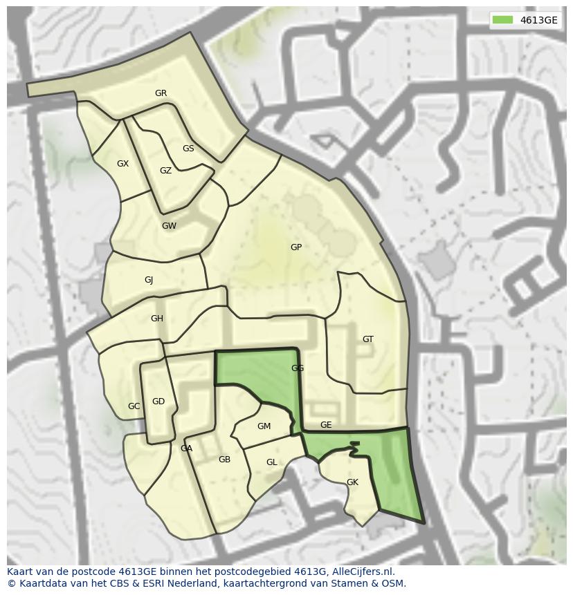 Afbeelding van het postcodegebied 4613 GE op de kaart.