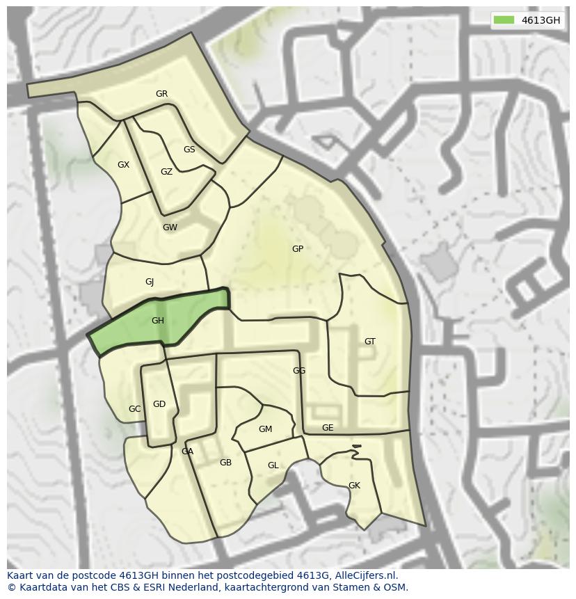 Afbeelding van het postcodegebied 4613 GH op de kaart.