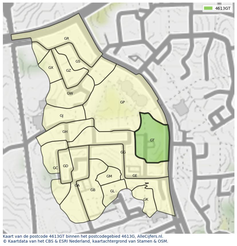 Afbeelding van het postcodegebied 4613 GT op de kaart.