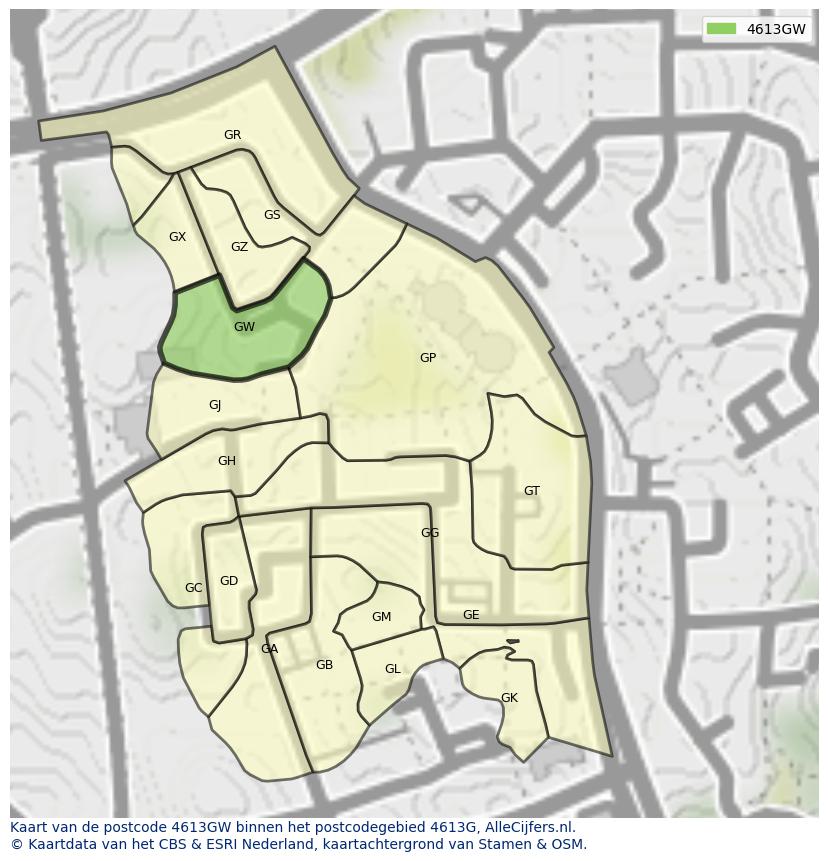 Afbeelding van het postcodegebied 4613 GW op de kaart.