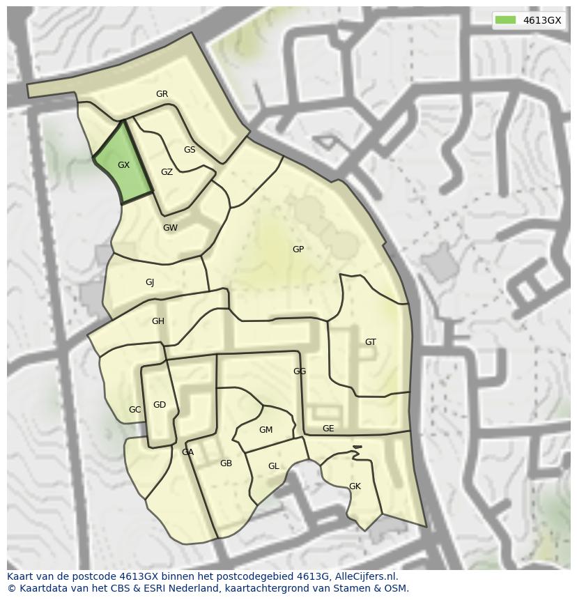 Afbeelding van het postcodegebied 4613 GX op de kaart.
