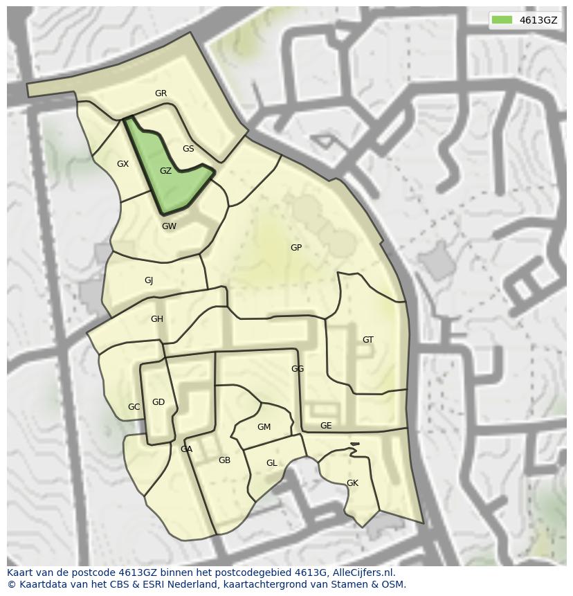Afbeelding van het postcodegebied 4613 GZ op de kaart.