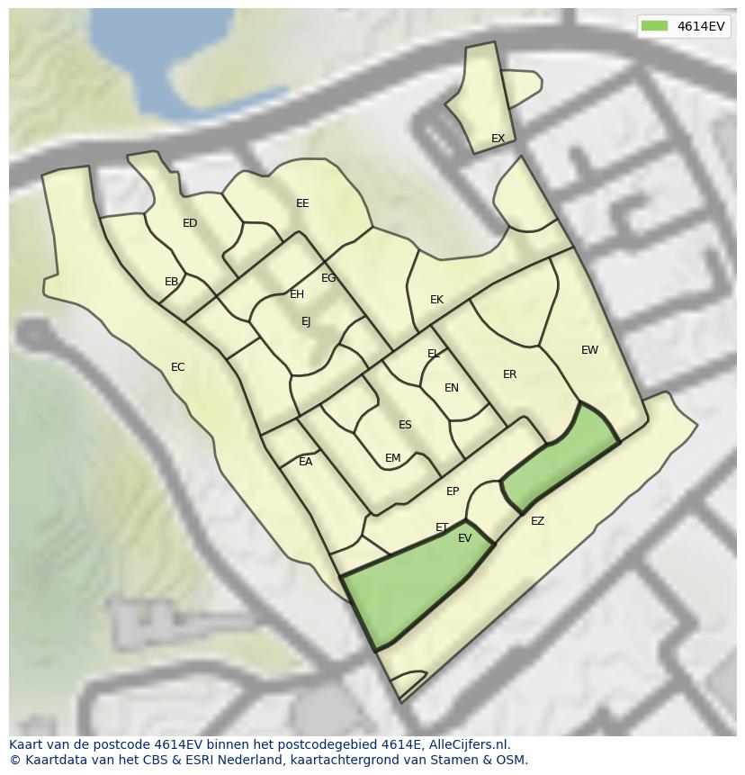 Afbeelding van het postcodegebied 4614 EV op de kaart.