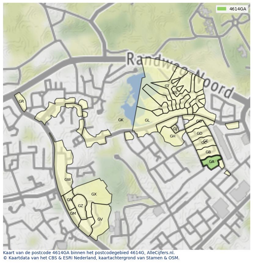 Afbeelding van het postcodegebied 4614 GA op de kaart.