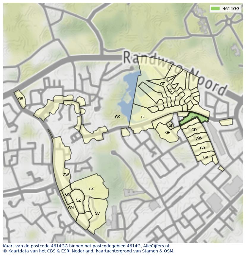 Afbeelding van het postcodegebied 4614 GG op de kaart.