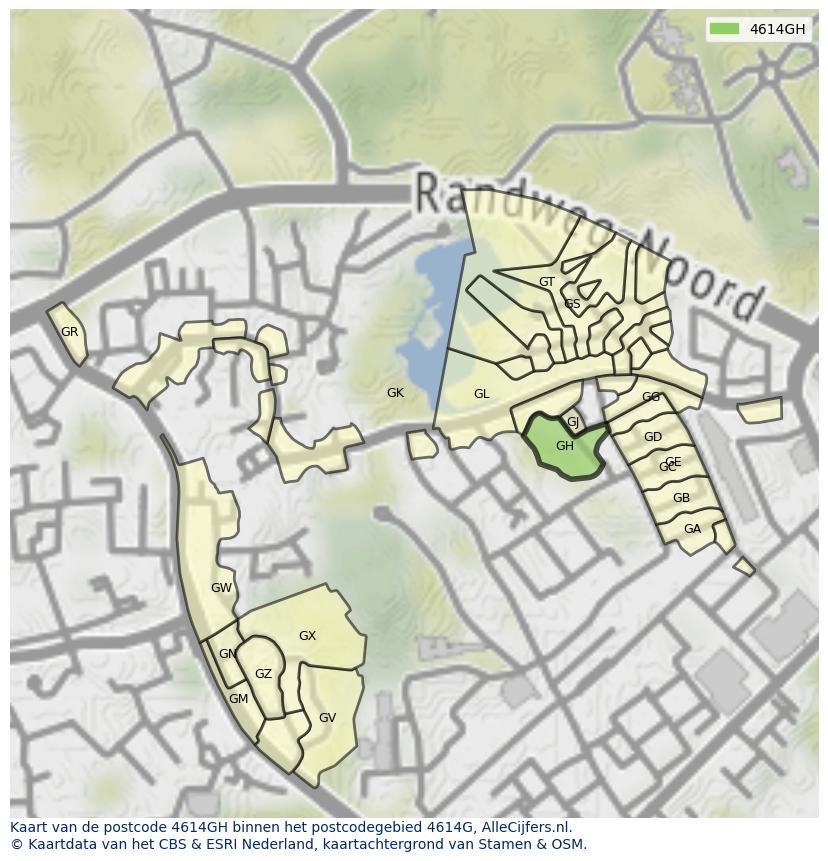 Afbeelding van het postcodegebied 4614 GH op de kaart.